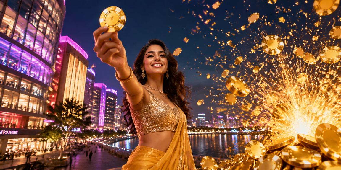 Night view of Ahmedabad riverfront with vibrant neon lottery and sports themes